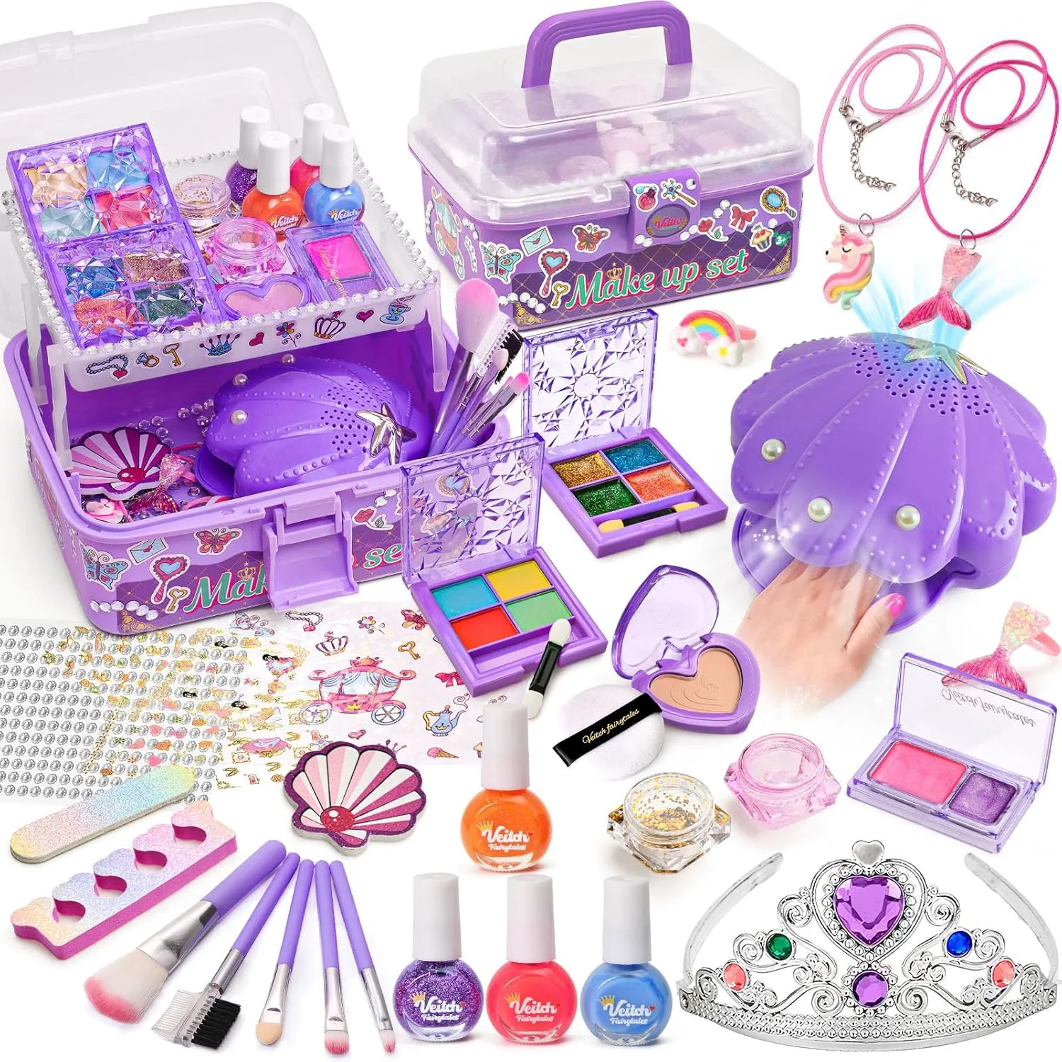 G.C Kids Nail Polish Makeup Kit for Girls Toys, 2 In 1 Washable Make Up Set & Nail Art Kit with Nail Dryer DIY Cosmetic Case Princess Crown Mermaid Jewelry, Birthday Gifts for Little Girls 3 4 5 6 7 8