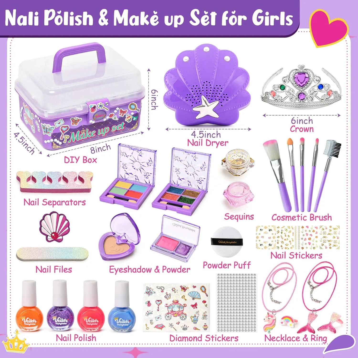 G.C Kids Nail Polish Makeup Kit for Girls Toys, 2 In 1 Washable Make Up Set & Nail Art Kit with Nail Dryer DIY Cosmetic Case Princess Crown Mermaid Jewelry, Birthday Gifts for Little Girls 3 4 5 6 7 8