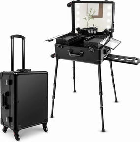 GCCSJ Aluminum Trolley Makeup Train Case with 8 LED Light 21'' Rolling Cosmetic Organizer Studio Speaker Make up Artist Free Standing Box with Stand Mirror Makeup Vanity Station (Black)
