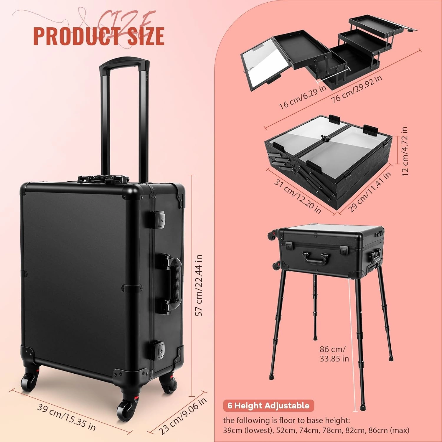 GCCSJ Aluminum Trolley Makeup Train Case with 8 LED Light 21'' Rolling Cosmetic Organizer Studio Speaker Make up Artist Free Standing Box with Stand Mirror Makeup Vanity Station (Black)