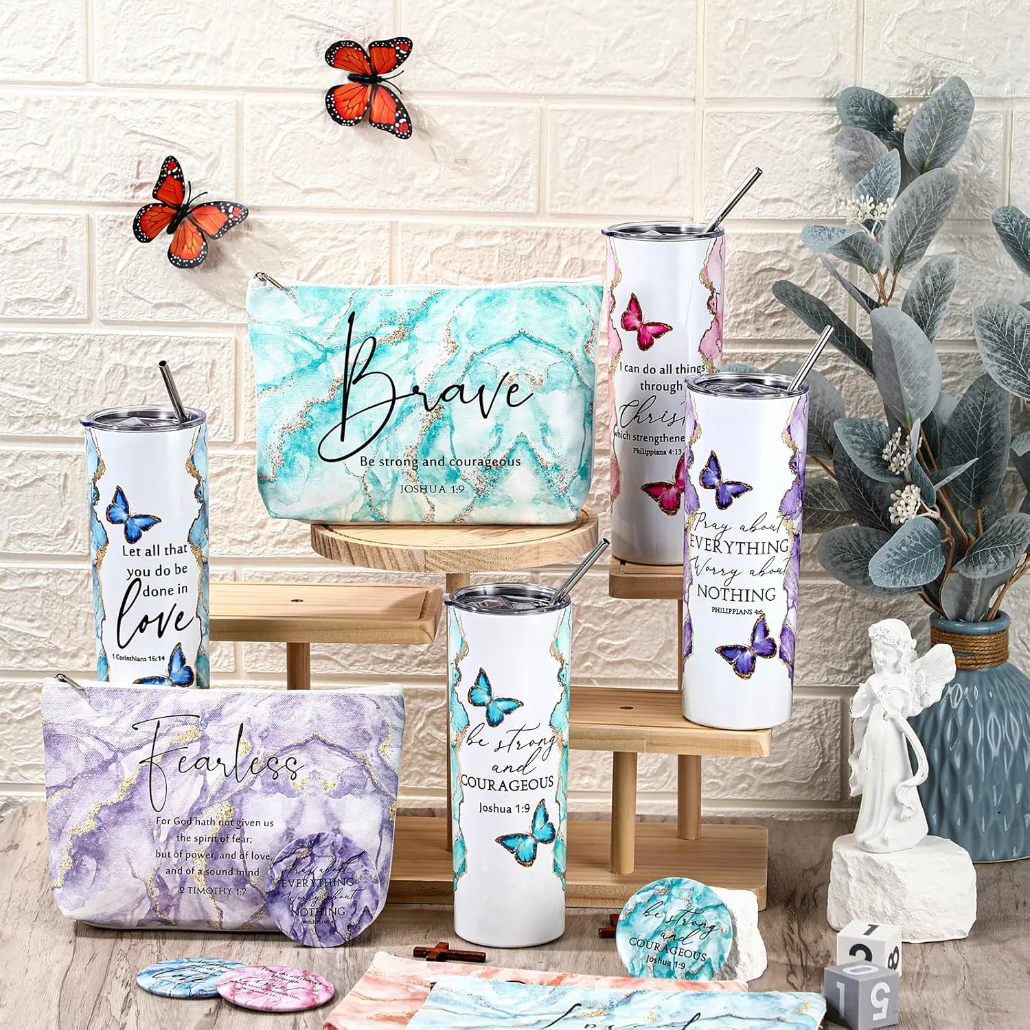 Geiserailie 12 Pcs Christian Gifts for Women 20 oz Marble Tumbler, Makeup Bag, Pocket Mirrors, Inspirational Bible Verse Gift Set for Mother's Day, Church, Sunday School (Pastel Color)