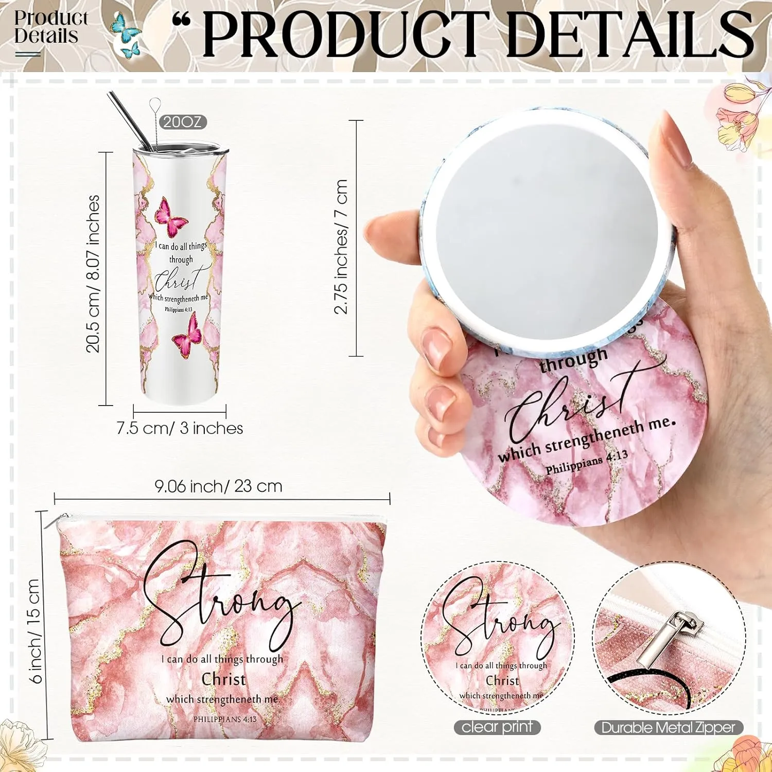 Geiserailie 12 Pcs Christian Gifts for Women 20 oz Marble Tumbler, Makeup Bag, Pocket Mirrors, Inspirational Bible Verse Gift Set for Mother's Day, Church, Sunday School (Pastel Color)