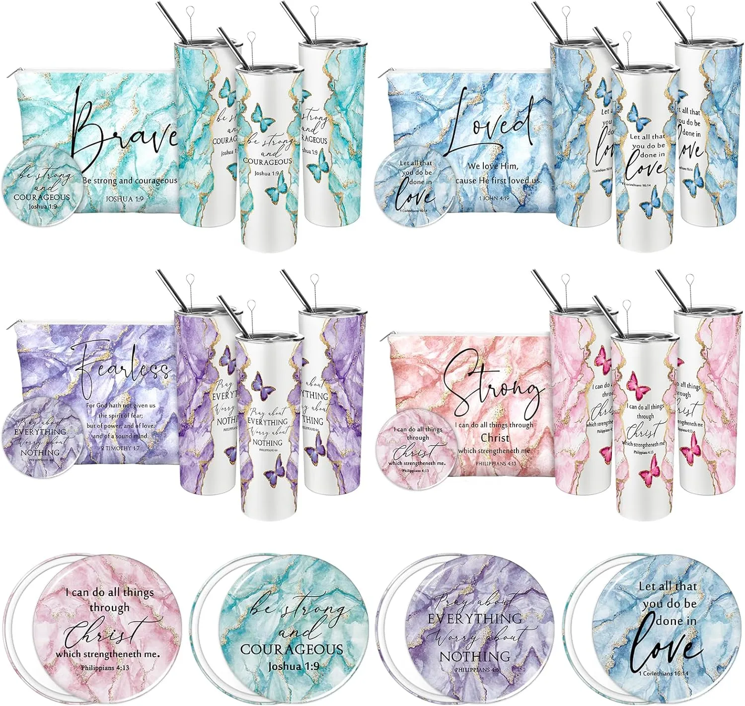Geiserailie 12 Pcs Christian Gifts for Women 20 oz Marble Tumbler, Makeup Bag, Pocket Mirrors, Inspirational Bible Verse Gift Set for Mother's Day, Church, Sunday School (Pastel Color)