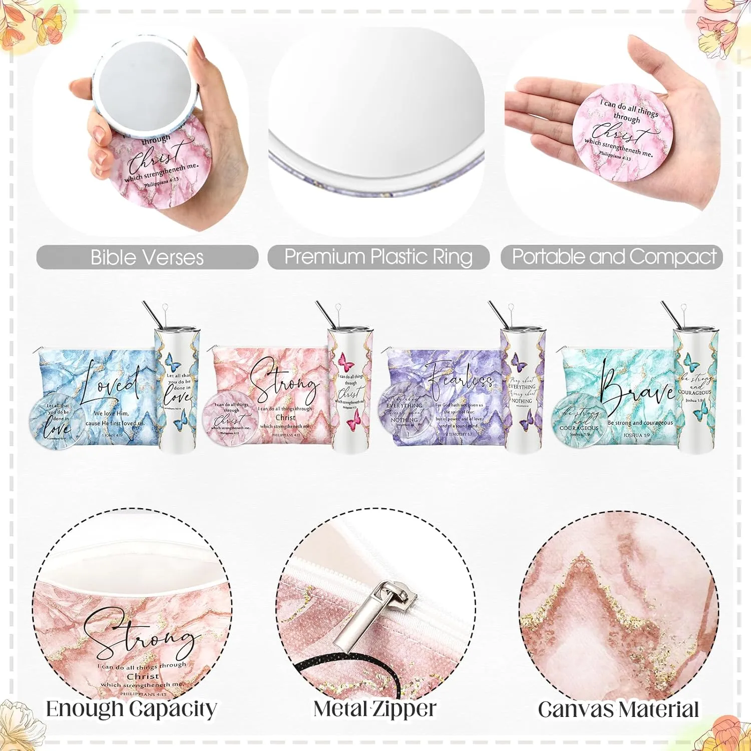 Geiserailie 12 Pcs Christian Gifts for Women 20 oz Marble Tumbler, Makeup Bag, Pocket Mirrors, Inspirational Bible Verse Gift Set for Mother's Day, Church, Sunday School (Pastel Color)