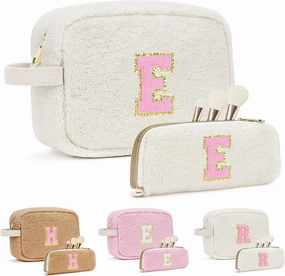 Gifts for Girls, Travel Makeup Bag for Women, Initial Make Up Bag Set for 6 7 8 9 10 11 12 13 Years Old Kids Tween Girls, Large Cosmetic Skincare Bags for Birthday Graduation Gifts, White E