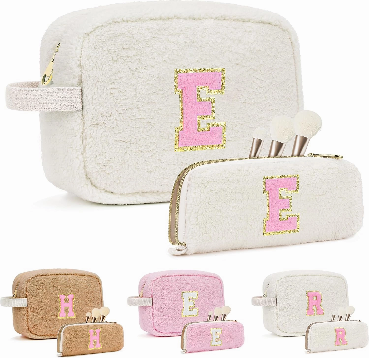Gifts for Girls, Travel Makeup Bag for Women, Initial Make Up Bag Set for 6 7 8 9 10 11 12 13 Years Old Kids Tween Girls, Large Cosmetic Skincare Bags for Birthday Graduation Gifts, White E