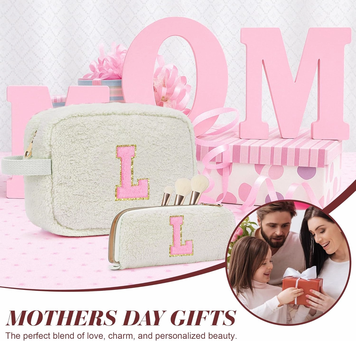 Gifts for Girls, Travel Makeup Bag for Women, Initial Make Up Bag Set for 6 7 8 9 10 11 12 13 Years Old Kids Tween Girls, Large Cosmetic Skincare Bags for Birthday Graduation Gifts, White E