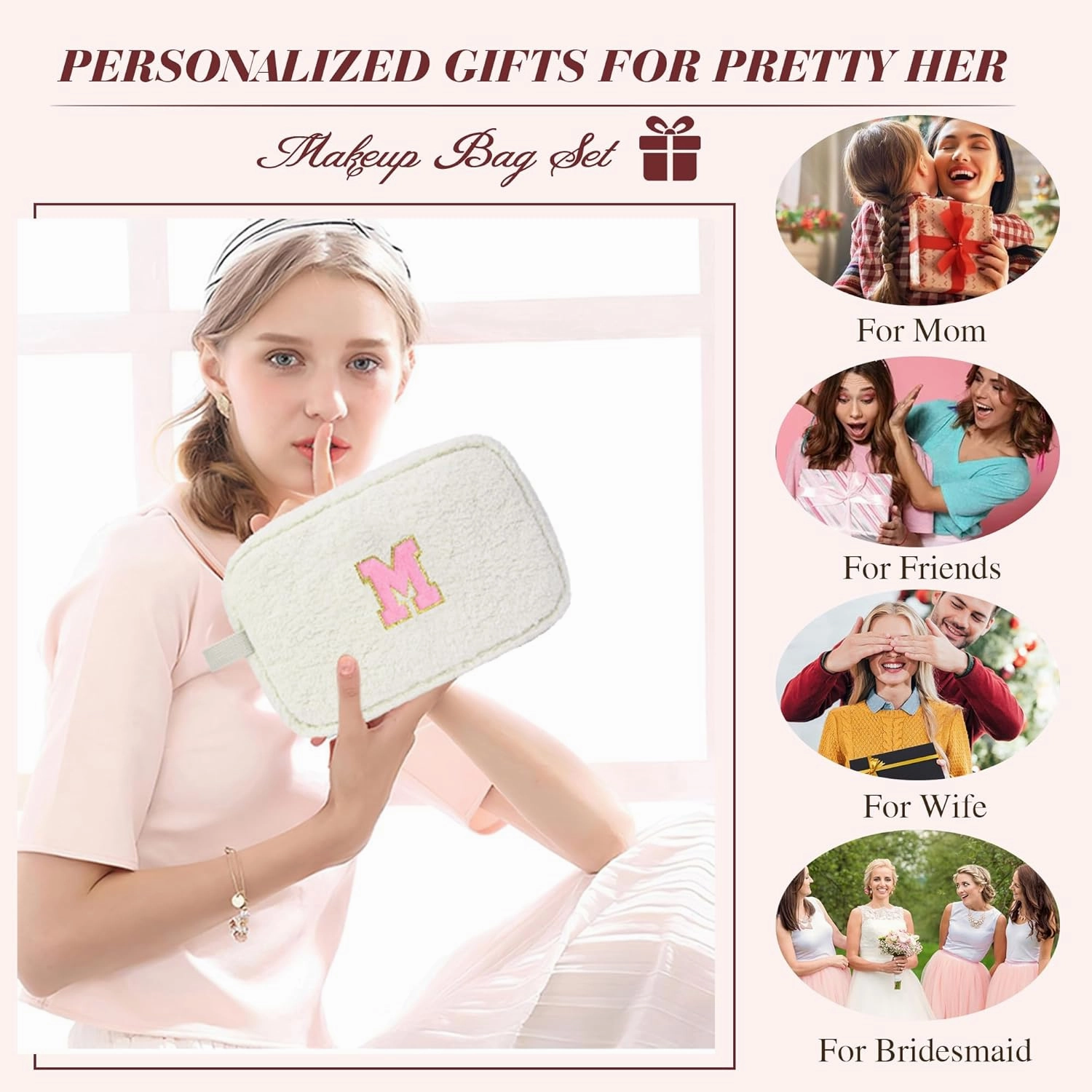 Gifts for Girls, Travel Makeup Bag for Women, Initial Make Up Bag Set for 6 7 8 9 10 11 12 13 Years Old Kids Tween Girls, Large Cosmetic Skincare Bags for Birthday Graduation Gifts, White E