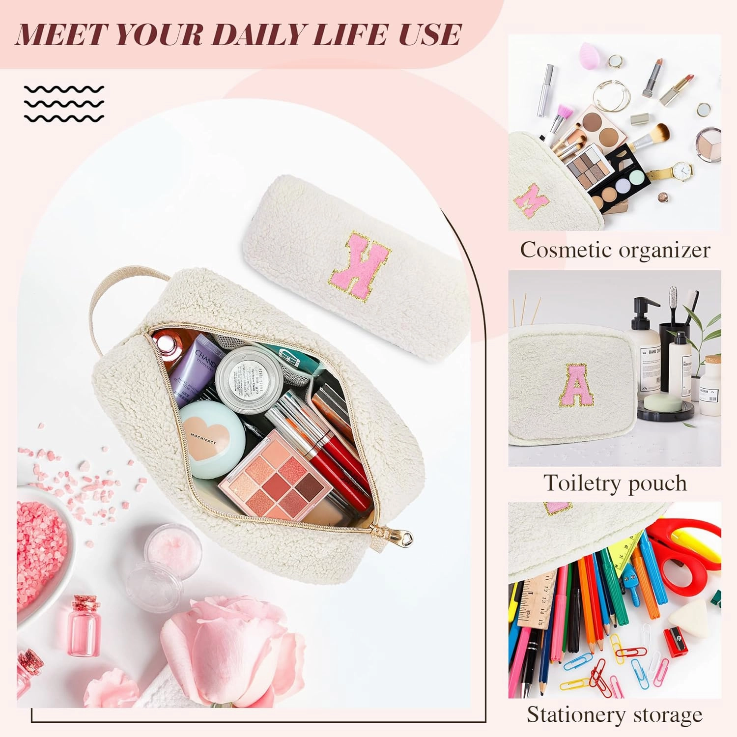 Gifts for Girls, Travel Makeup Bag for Women, Initial Make Up Bag Set for 6 7 8 9 10 11 12 13 Years Old Kids Tween Girls, Large Cosmetic Skincare Bags for Birthday Graduation Gifts, White E