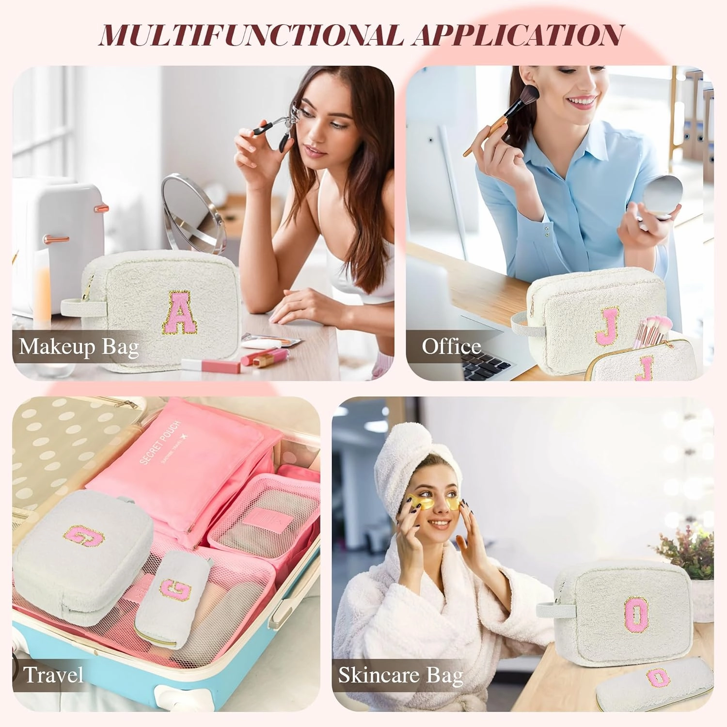 Gifts for Girls, Travel Makeup Bag for Women, Initial Make Up Bag Set for 6 7 8 9 10 11 12 13 Years Old Kids Tween Girls, Large Cosmetic Skincare Bags for Birthday Graduation Gifts, White E