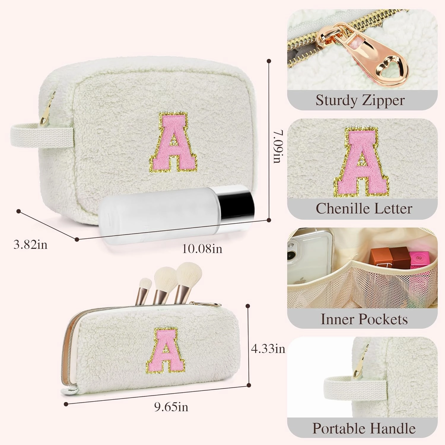 Gifts for Girls, Travel Makeup Bag for Women, Initial Make Up Bag Set for 6 7 8 9 10 11 12 13 Years Old Kids Tween Girls, Large Cosmetic Skincare Bags for Birthday Graduation Gifts, White E