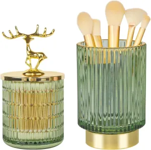 Glass Makeup Brush Holder,Cute Apothecary Jars with Lids,Vintage Vanity Makeup Organizer Cup,Green Qtip Holder Container Storage Organizer for Cotton Swab,Ball,Pad,Round