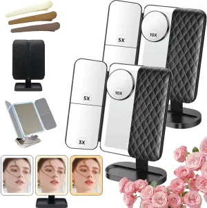 Glisera Makeup Mirror, 2025 New Glisera Smart Mirror, Makeup Mirror with Lights and Magnification, Glisera Smart Mirror Vanity, 3 Color LED Trifold Makeup Mirror 180 ° Rotation (Black,2*PCS)