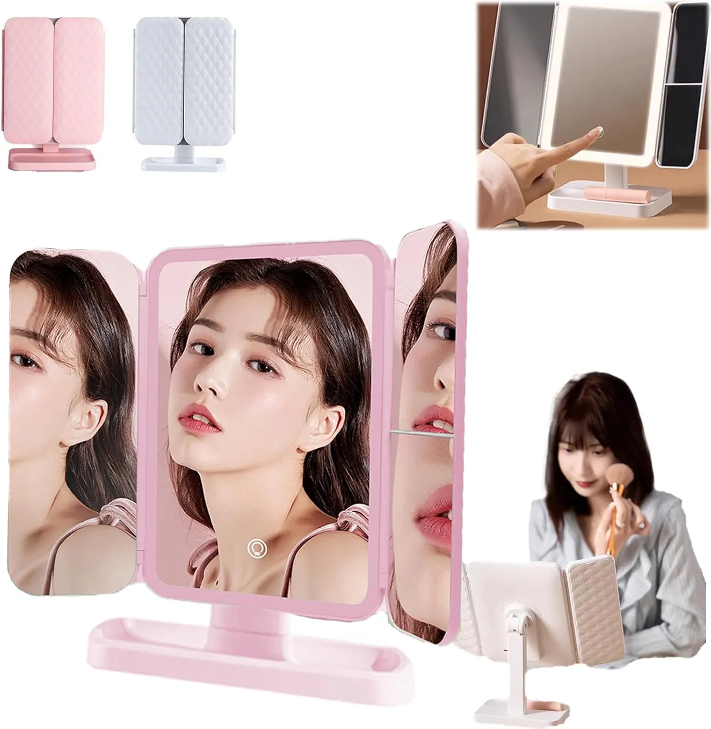 Glisera Smart Mirror, Glisera Smart Makeup Mirror Travel, Trifold Led Makeup Mirror, Makeup Mirror with Lights and Magnification, 180 ° Rotation Lighted Makeup Mirror (Pink)