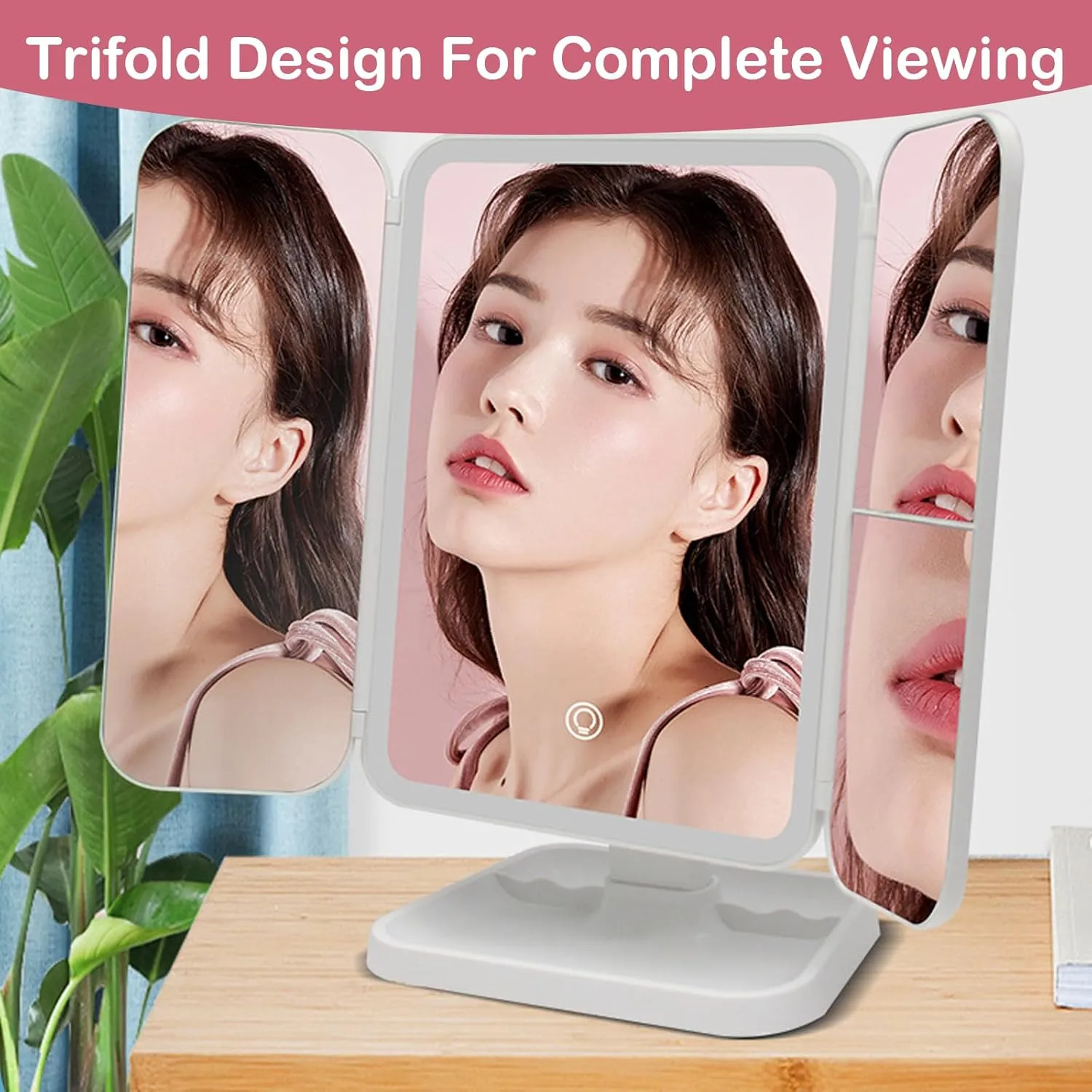 Glisera Smart Mirror, Glisera Smart Makeup Mirror Travel, Trifold Led Makeup Mirror, Makeup Mirror with Lights and Magnification, 180 ° Rotation Lighted Makeup Mirror (Pink)