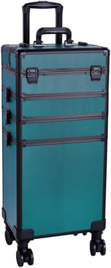 Goodlife Rolling Makeup Case, 4-in-1 Draw-bar Style Interchangeable Aluminum Rolling Makeup Case, Large Storage Cosmetic Trolley with Wheels, Dark Green