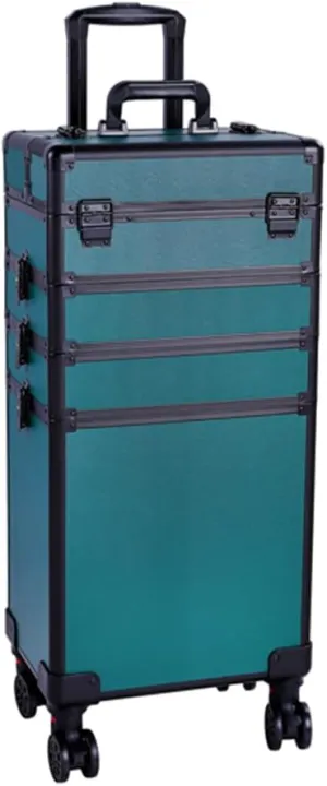 Goodlife Rolling Makeup Case, 4-in-1 Draw-bar Style Interchangeable Aluminum Rolling Makeup Case, Large Storage Cosmetic Trolley with Wheels, Dark Green