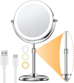 Gospire 7" Lighted Makeup Mirror with Magnification 10X/1X, Height Adjustable & 3 Color Dimmable Lights, 360° Swivel Double Sided Light up Rechargeable LED Cosmetic Vanity Cordless Standing Mirror