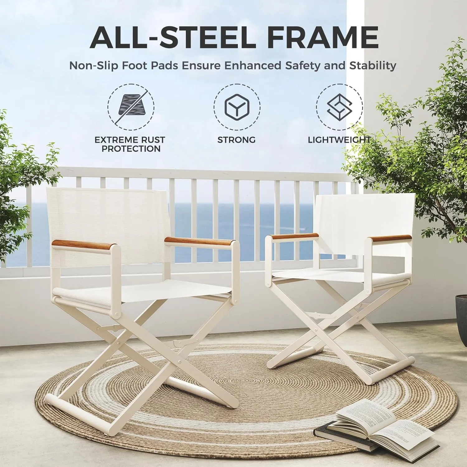 Grand patio Extra-Wide 4-Pack Directors Chairs, Folding Dining Chair Set of 4 with Sling and Woodgrain Armrests, Outdoor, Apricot