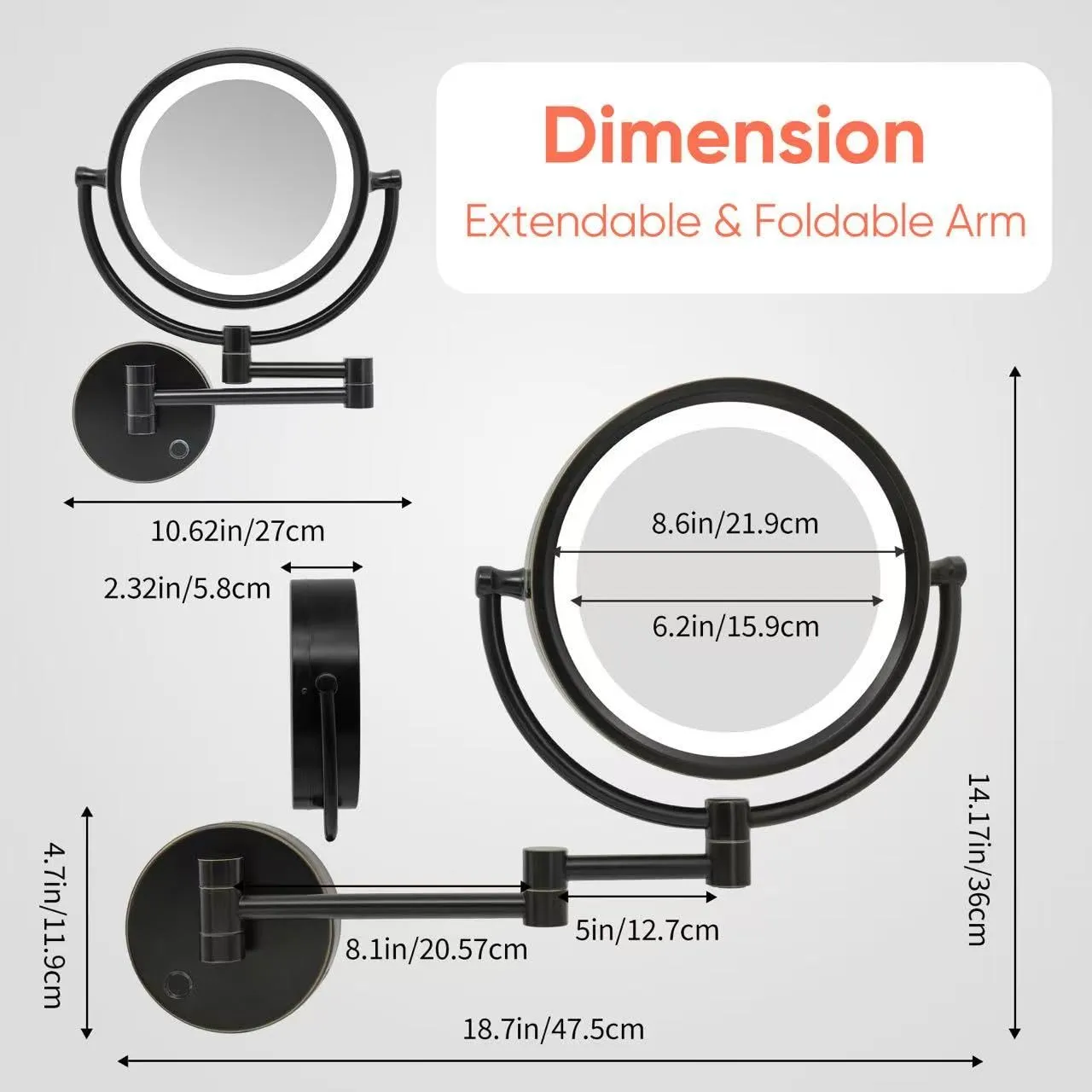 GURUN 8.5 Inch Magnifying Makeup Mirror with 3 Tones LED Lights Double Sided Vanity Mirror for Bathroom with 10X Magnification M1809DO (Oil-Rubbed Bronze/10X)