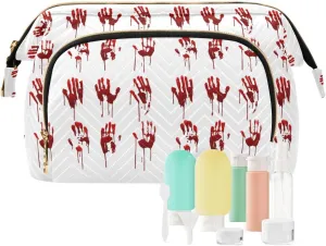 Halloween Bloody Hand Prints Set Horror and Bleeding Red Palm Women Cosmetic Bag Makeup Bag Stylish Trip Beauty Bag Travel Toiletry Bag with Bottle Organizer 10.2 x 5.9 x 6.7 inch