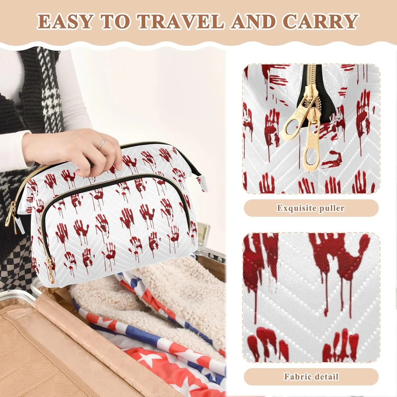 Halloween Bloody Hand Prints Set Horror and Bleeding Red Palm Women Cosmetic Bag Makeup Bag Stylish Trip Beauty Bag Travel Toiletry Bag with Bottle Organizer 10.2 x 5.9 x 6.7 inch