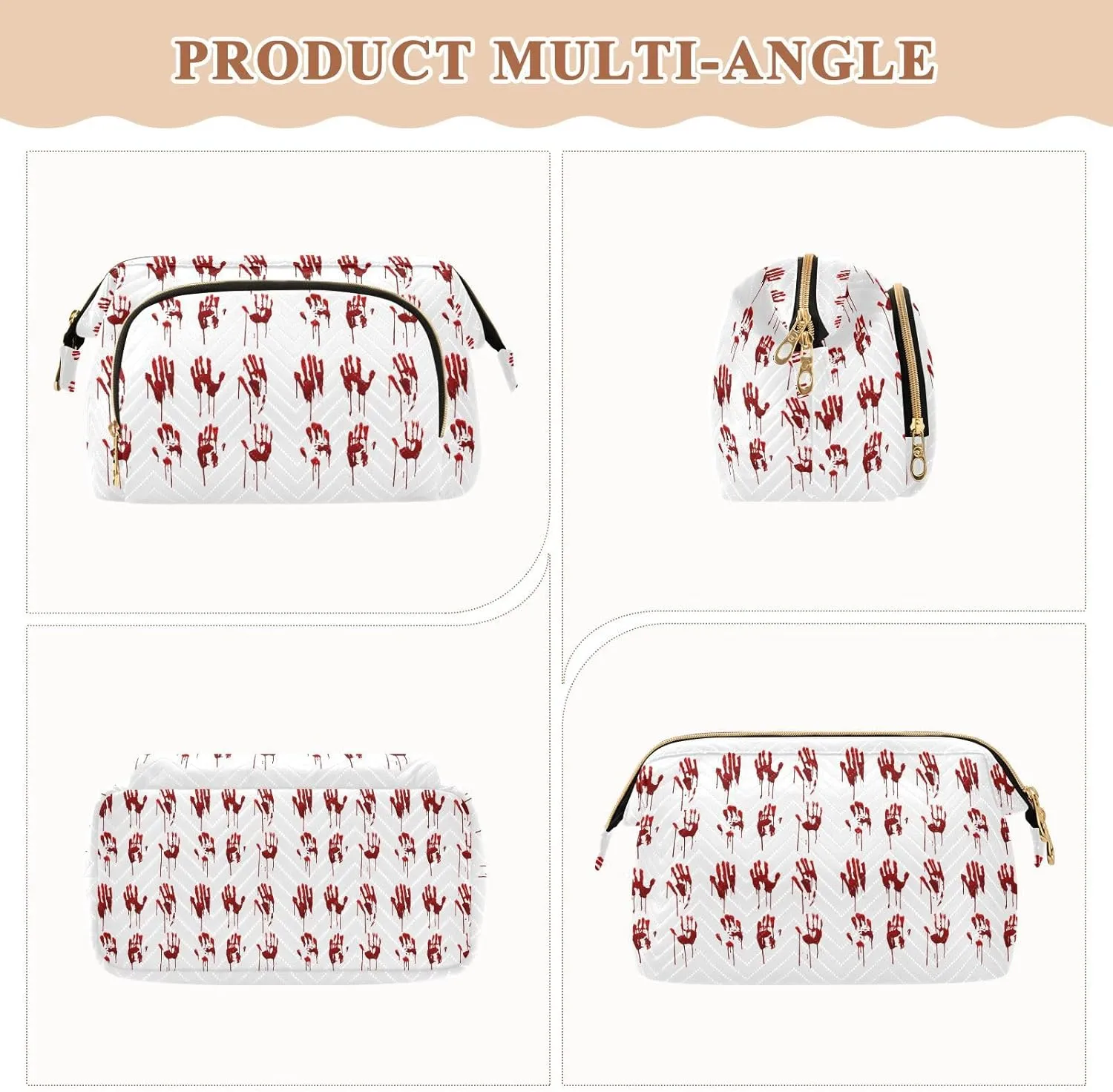 Halloween Bloody Hand Prints Set Horror and Bleeding Red Palm Women Cosmetic Bag Makeup Bag Stylish Trip Beauty Bag Travel Toiletry Bag with Bottle Organizer 10.2 x 5.9 x 6.7 inch