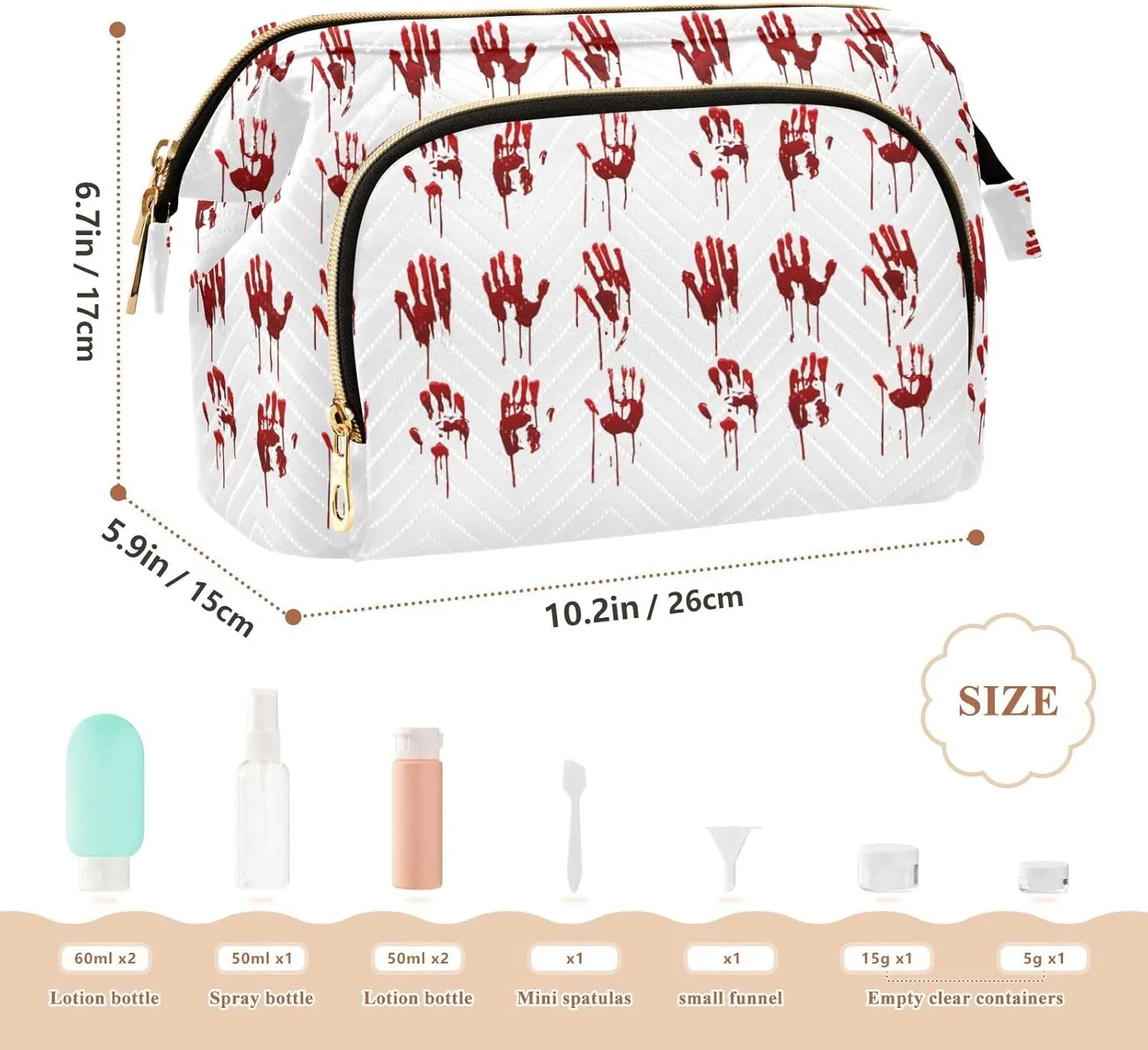 Halloween Bloody Hand Prints Set Horror and Bleeding Red Palm Women Cosmetic Bag Makeup Bag Stylish Trip Beauty Bag Travel Toiletry Bag with Bottle Organizer 10.2 x 5.9 x 6.7 inch