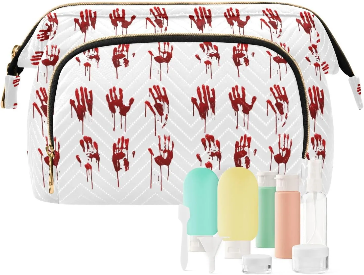 Halloween Bloody Hand Prints Set Horror and Bleeding Red Palm Women Cosmetic Bag Makeup Bag Stylish Trip Beauty Bag Travel Toiletry Bag with Bottle Organizer 10.2 x 5.9 x 6.7 inch
