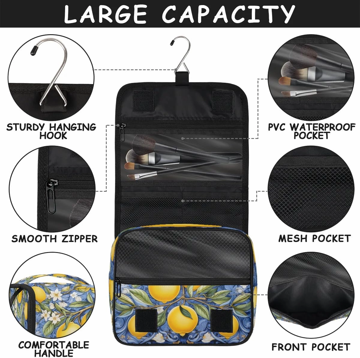 Hanging Travel Toiletry Bag Lemons Toiletry Bags with Hanging Hook Portable Cosmetic Bag Makeup Organizer for Travel Business Trip
