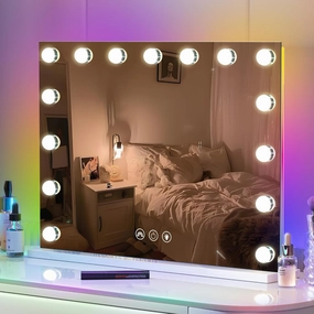 Hansong RGB Vanity Mirror with Lights 23" x 18" LED Hollywood Mirror Makeup Mirror with 15 Dimmable Bulbs and 10X Magnification 3 Colors Modes Touch Control