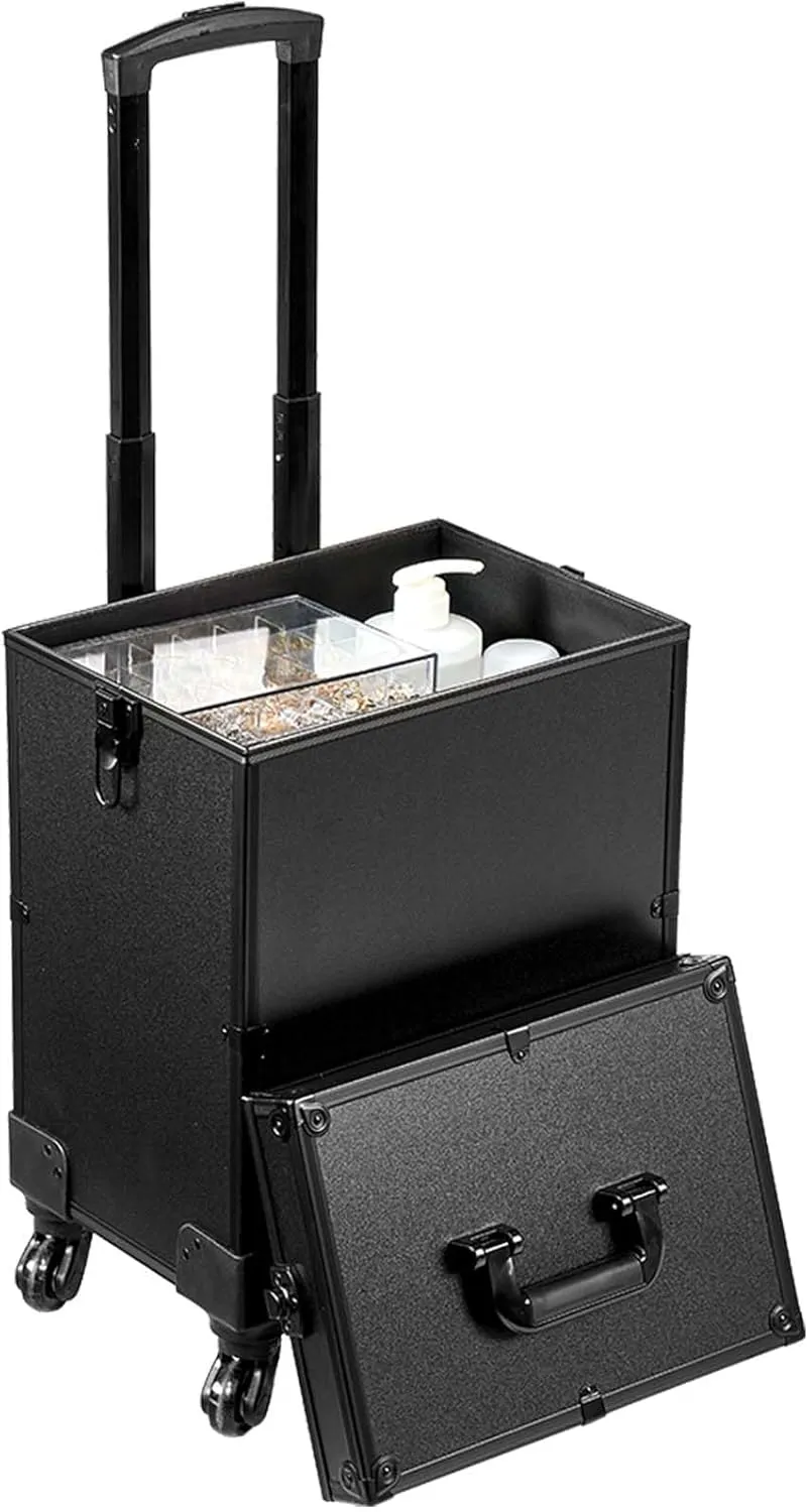 Happybuy 5-in-1 Professional Makeup Train Case, Aluminum Cosmetic Trolley, Extra-Large Rolling Travel Organizer with 360° Swivel Wheels & Adjustable Pull Rod, Black