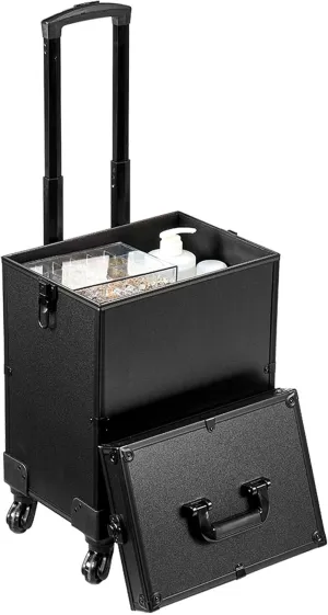Happybuy 5-in-1 Professional Makeup Train Case, Aluminum Cosmetic Trolley, Extra-Large Rolling Travel Organizer with 360° Swivel Wheels & Adjustable Pull Rod, Black