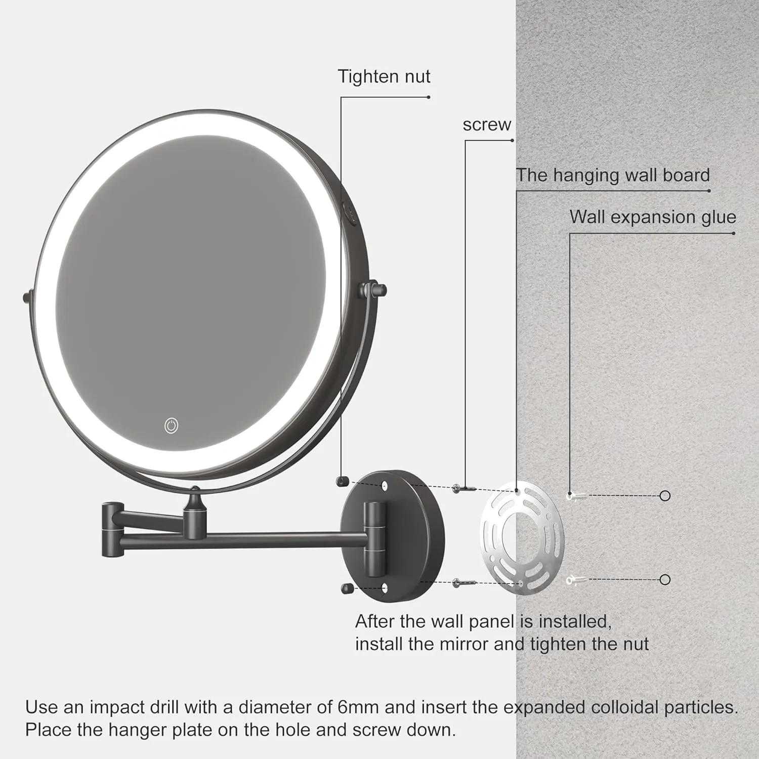 Hasipu 10-Inch Wall Mounted Makeup Mirror with Magnification, Rechargeable 3000 mAh Vanity Mirror with Lights, Bathroom Mirror with Dimmable Brightness, 3 Lighting Modes, Extendable Arm, Black