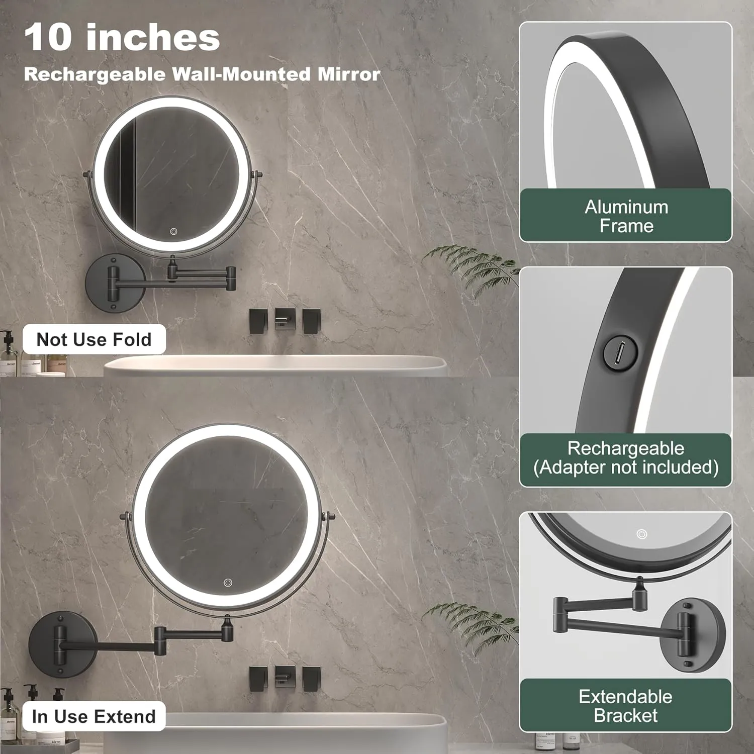 Hasipu 10-Inch Wall Mounted Makeup Mirror with Magnification, Rechargeable 3000 mAh Vanity Mirror with Lights, Bathroom Mirror with Dimmable Brightness, 3 Lighting Modes, Extendable Arm, Black