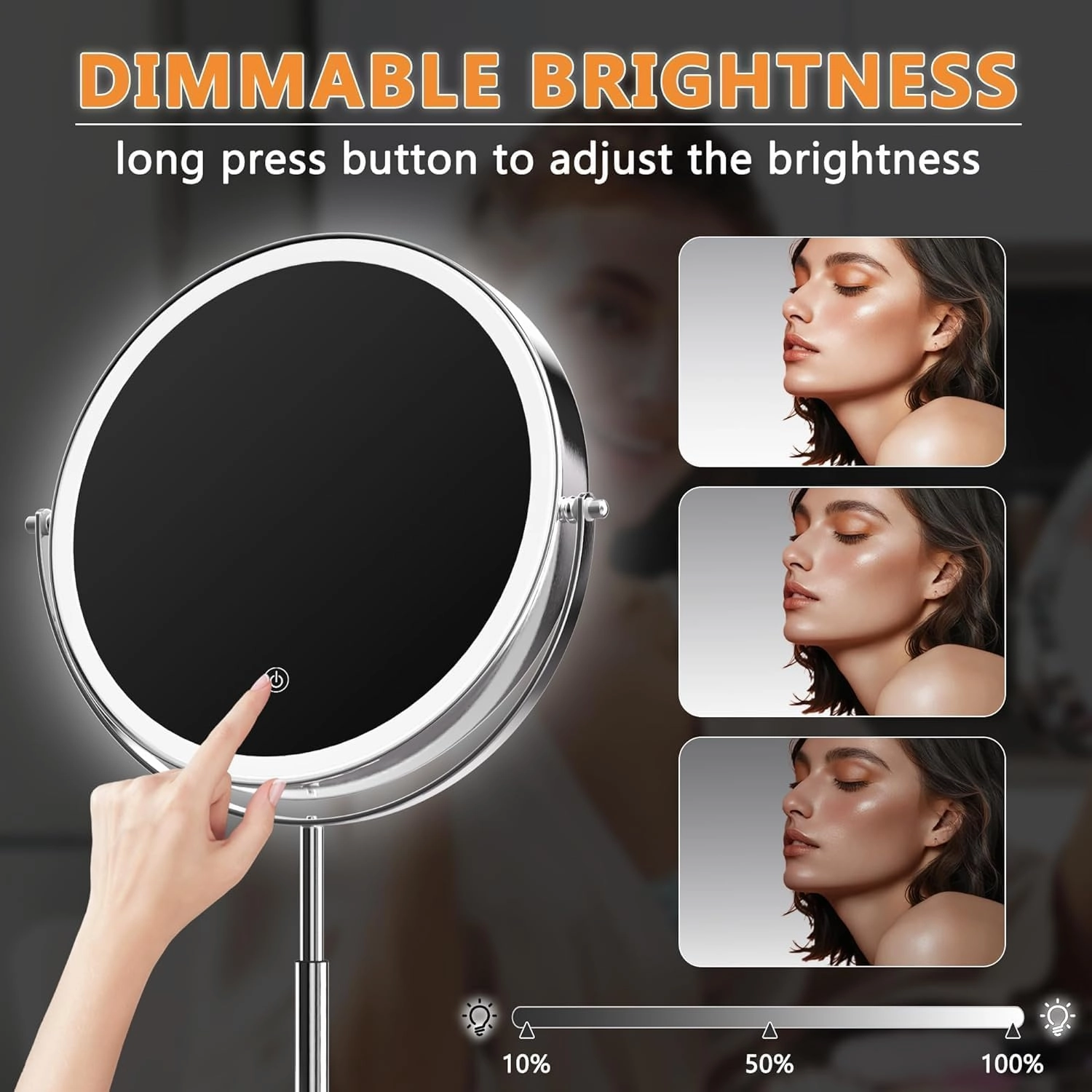 Hasipu 10-inch Lighted Makeup Mirror with Magnification, Rechargeable 3000 mAh Vanity Mirror with Lights, Desk Mirror with Dimmable Brightness, 3 Lighting Modes, Height Adjustment, Nickel