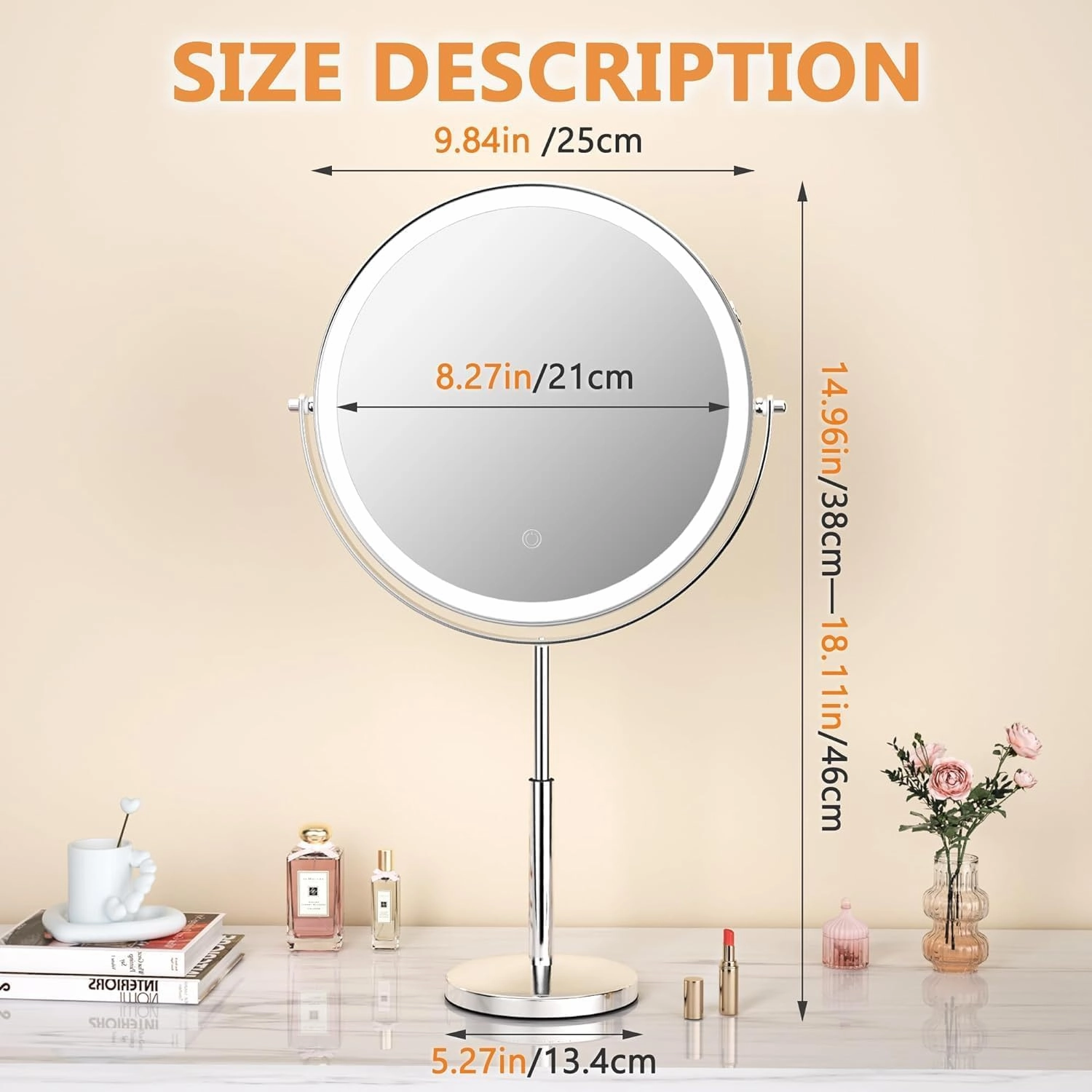 Hasipu 10-inch Lighted Makeup Mirror with Magnification, Rechargeable 3000 mAh Vanity Mirror with Lights, Desk Mirror with Dimmable Brightness, 3 Lighting Modes, Height Adjustment, Nickel