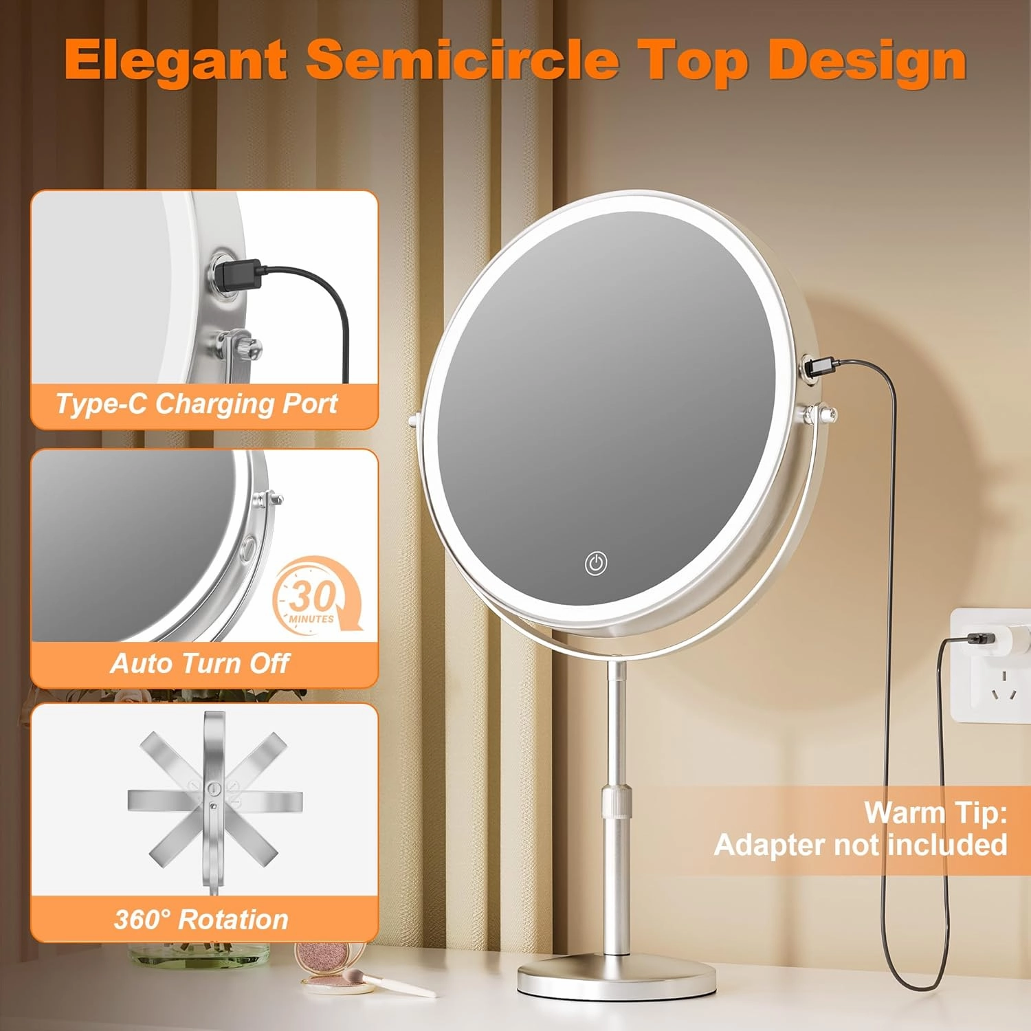 Hasipu 10-inch Lighted Makeup Mirror with Magnification, Rechargeable 3000 mAh Vanity Mirror with Lights, Desk Mirror with Dimmable Brightness, 3 Lighting Modes, Height Adjustment, Nickel