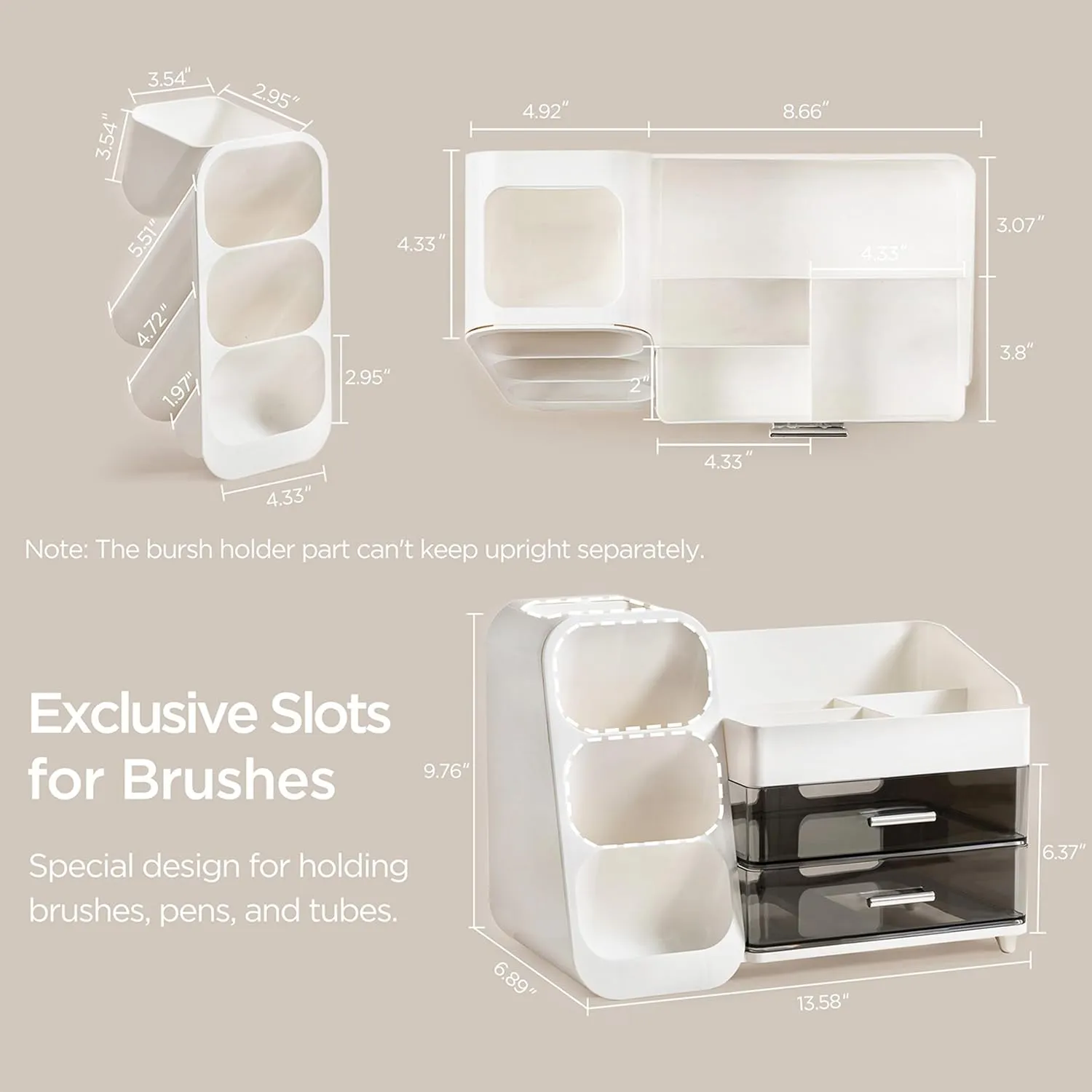 HBlife Makeup Organizer with Brush Holder for Vanity, Large Plastic Bathroom Countertop Organizer Skin Care Storage, Easy to Store Lipsticks, Nail Polishes, Perfumes, Eyeshadow Palettes, White