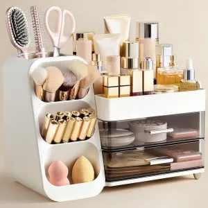 HBlife Makeup Organizer with Brush Holder for Vanity, Large Plastic Bathroom Countertop Organizer Skin Care Storage, Easy to Store Lipsticks, Nail Polishes, Perfumes, Eyeshadow Palettes, White