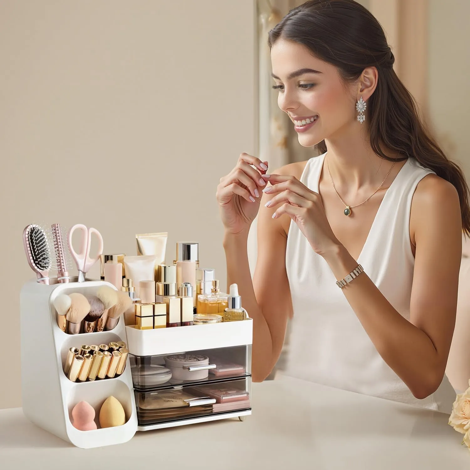 HBlife Makeup Organizer with Brush Holder for Vanity, Large Plastic Bathroom Countertop Organizer Skin Care Storage, Easy to Store Lipsticks, Nail Polishes, Perfumes, Eyeshadow Palettes, White