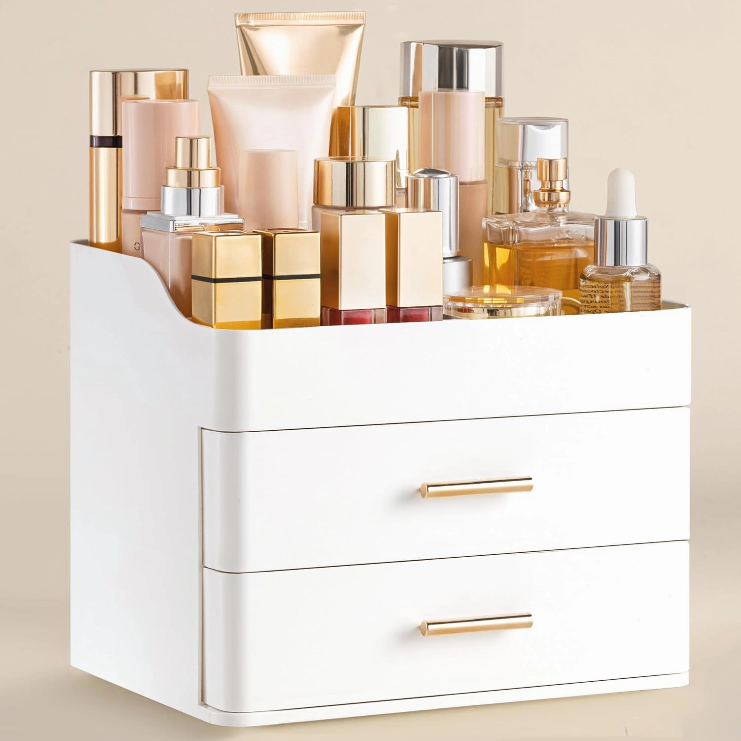 HBlife Makeup Organizer for Vanity with 2 Drawers, Large Bathroom Countertop Cosmetics Organizer Skin Care Storage, Easy to Store Lipsticks, Nail Polishes, Perfumes, Eyeshadow Palettes, All White