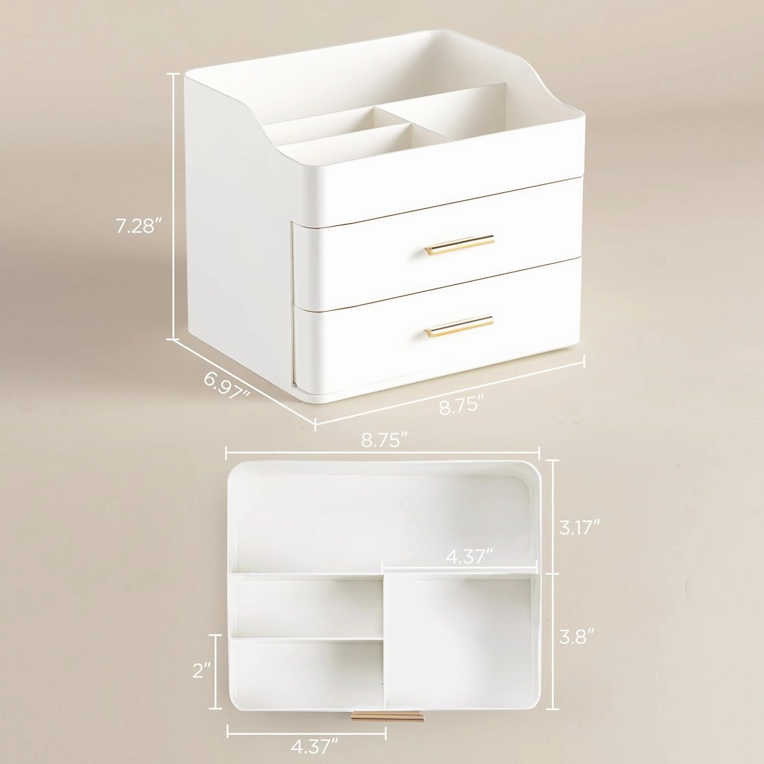 HBlife Makeup Organizer for Vanity with 2 Drawers, Large Bathroom Countertop Cosmetics Organizer Skin Care Storage, Easy to Store Lipsticks, Nail Polishes, Perfumes, Eyeshadow Palettes, All White