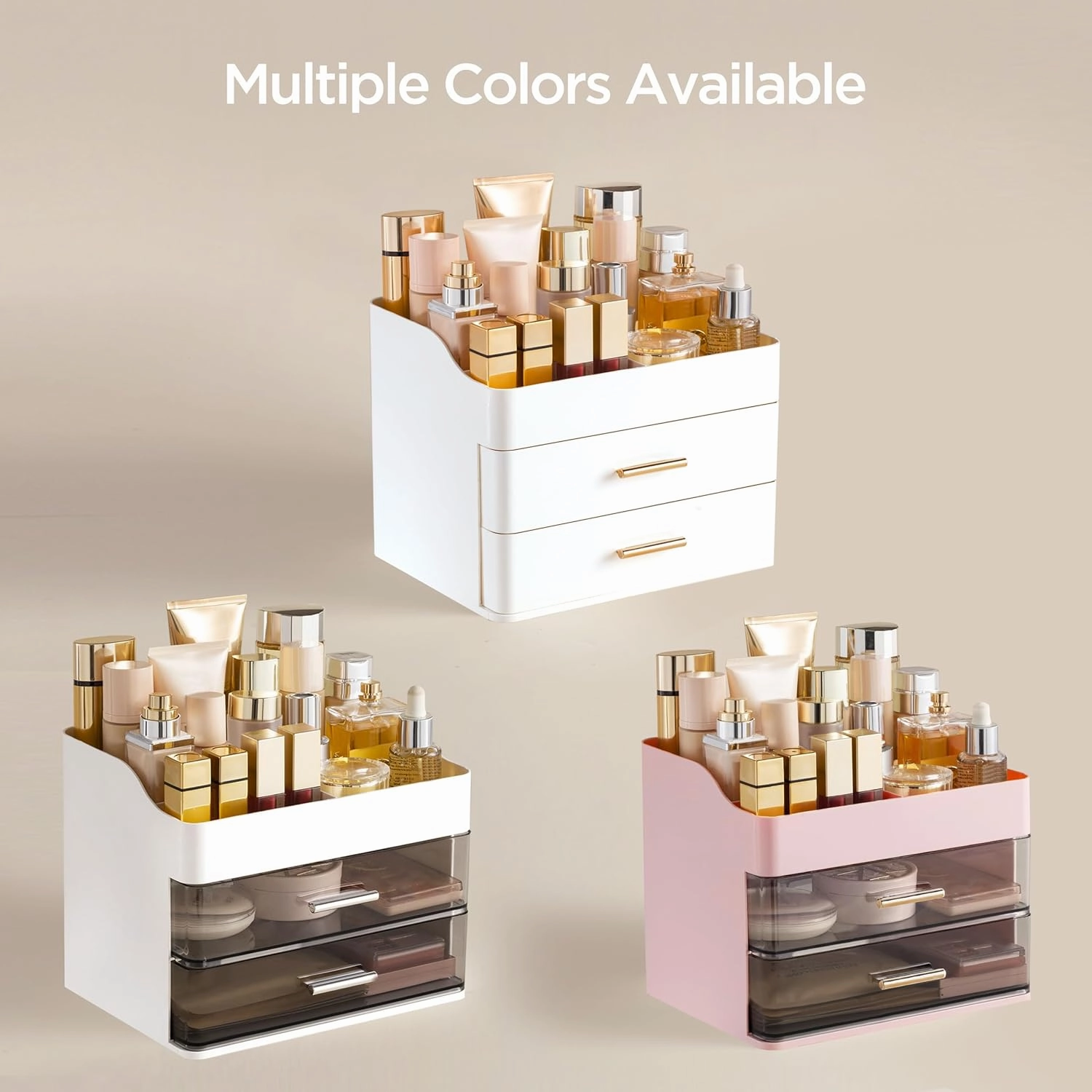 HBlife Makeup Organizer for Vanity with 2 Drawers, Large Bathroom Countertop Cosmetics Organizer Skin Care Storage, Easy to Store Lipsticks, Nail Polishes, Perfumes, Eyeshadow Palettes, All White