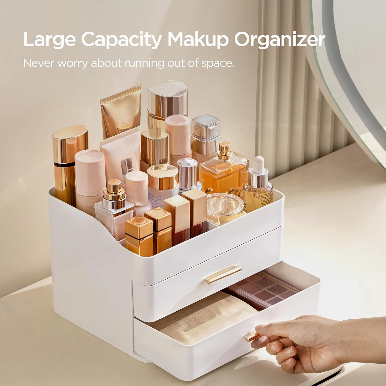 HBlife Makeup Organizer for Vanity with 2 Drawers, Large Bathroom Countertop Cosmetics Organizer Skin Care Storage, Easy to Store Lipsticks, Nail Polishes, Perfumes, Eyeshadow Palettes, All White