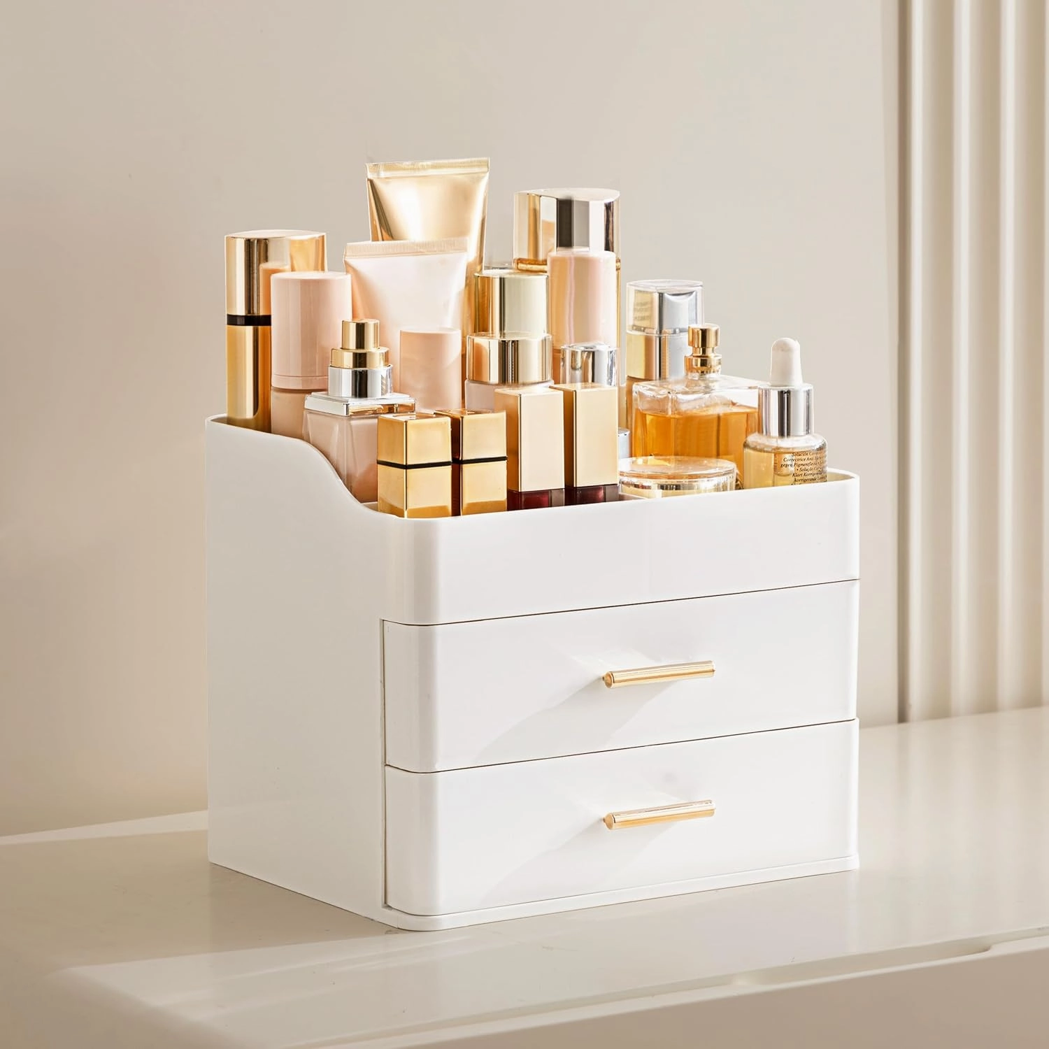 HBlife Makeup Organizer for Vanity with 2 Drawers, Large Bathroom Countertop Cosmetics Organizer Skin Care Storage, Easy to Store Lipsticks, Nail Polishes, Perfumes, Eyeshadow Palettes, All White