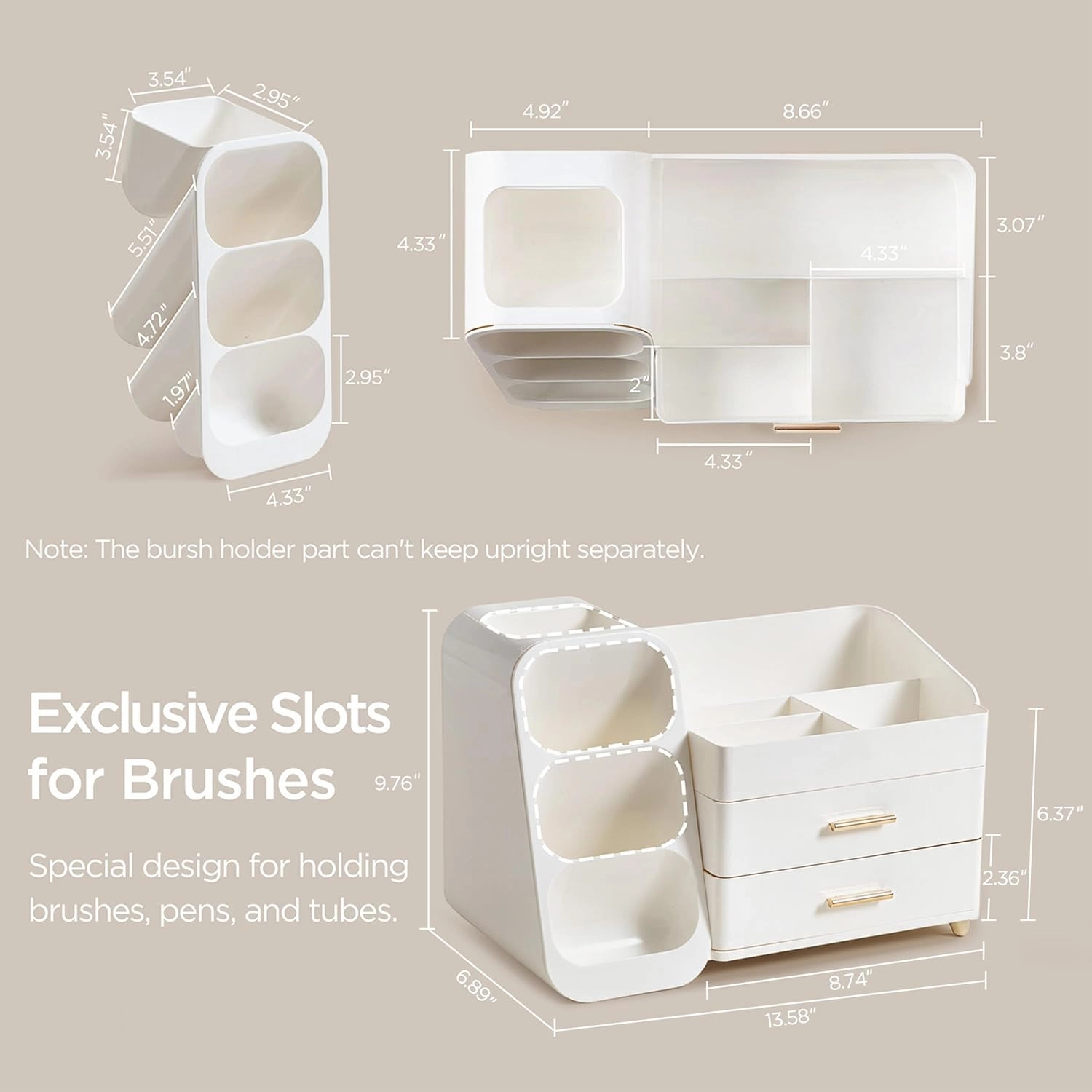 HBlife Makeup Organizer with Brush Holder for Vanity, Large Plastic Bathroom Countertop Organizer Skin Care Storage, Easy to Store Lipsticks, Nail Polishes, Perfumes, Eyeshadow Palettes, All White