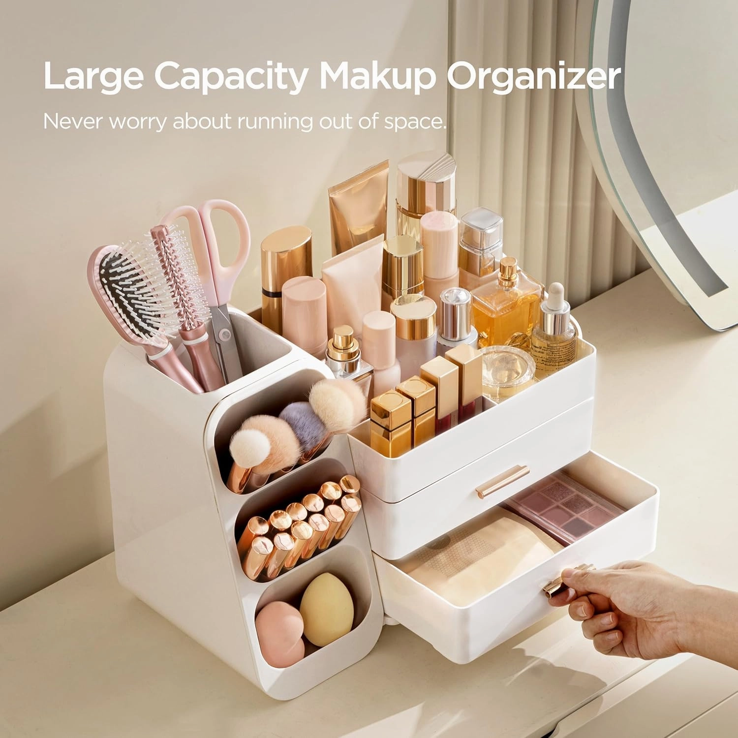 HBlife Makeup Organizer with Brush Holder for Vanity, Large Plastic Bathroom Countertop Organizer Skin Care Storage, Easy to Store Lipsticks, Nail Polishes, Perfumes, Eyeshadow Palettes, All White