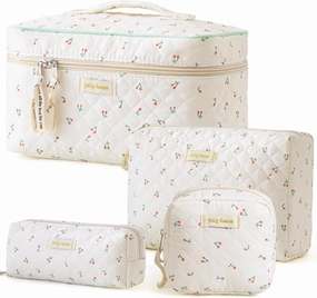 HBselect Cotton Quilted Coquette Kawaii Cherry Makeup Bag - Large Travel Cosmetic Toiletry Bag for Women and Girls