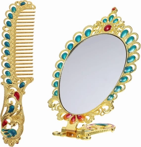 HEALLILY 1 Set Vintage Mirror Comb Set Metal Antique Handheld Makeup Mirror Travel Cosmetic Mirror Decorative Tabletop Mirror Golden